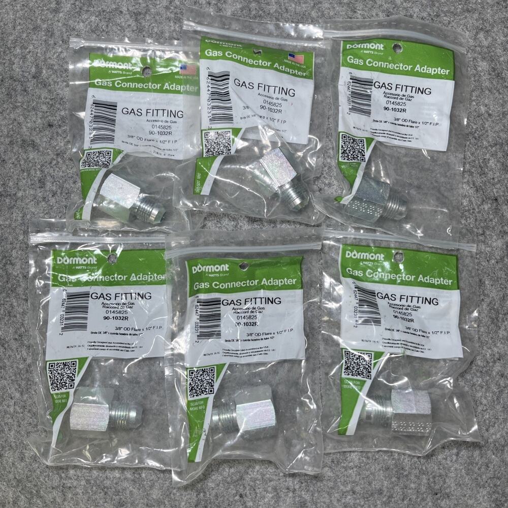 6pk Dormont Gas Pipe Fitting Adapter 90-1032R 3/8" OD Flare x 1/2" FIP USA New
